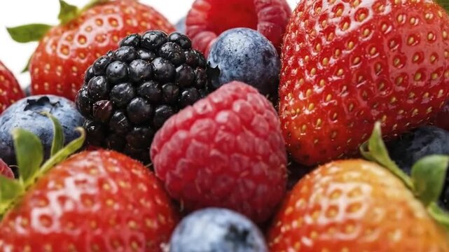 A vibrant, enticing close-up shot showcases a colorful medley of fresh, ripe berries. Bright red strawberries, deep blue blueberries, luscious red raspberries, and dark blackberries are artfully arran