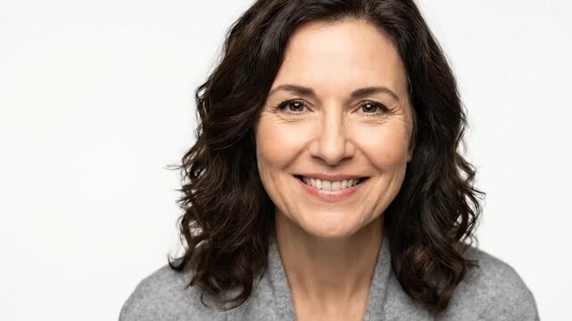 A vibrant, mature woman with dark, wavy hair smiles broadly and authentically into the camera, radiating warmth and confidence. Her joyful expression, highlighted by natural laugh lines around her eye