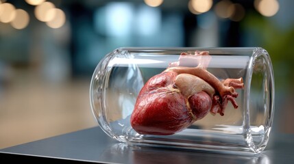 Realistic Heart Model in Glass Container on Modern Background, Medical and Science Concept