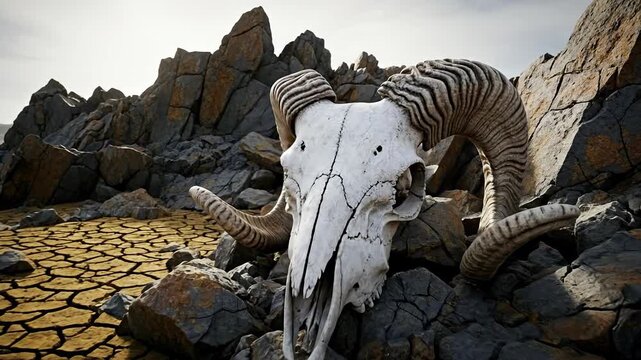 A majestic ram skull rests among rugged rocks in a dry landscape.