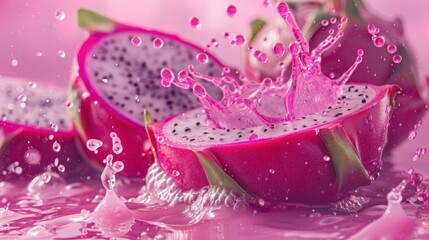 Vibrant Pink Dragon Fruit with Water Splashing on a Bright Pink Background Creating an Eye-Catching and Refreshing Visual