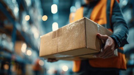 Medium shot of a courier handling a fragile package with a blurred warehouse background emphasizing careful air cargo handling for delicate freight solutions.
