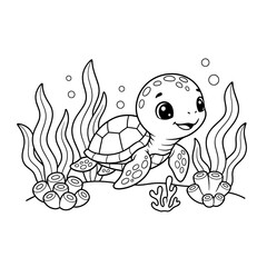 Obraz premium Adorable baby turtle swimming coloring page, cute cartoon with sea plants, black and white line art