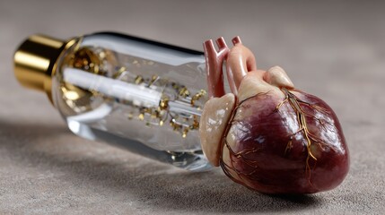 Realistic human heart model beside a stylish clear perfume bottle with golden accents on a textured background