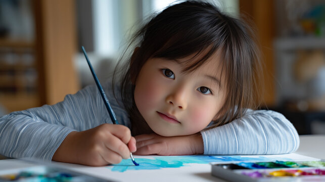 A highly realistic lifestyle and education photograph of a young Asian girl painting a picture with a small brush at a white table. The child is leaning forward with focused attent