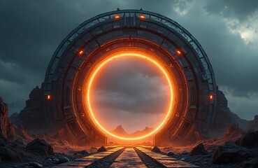 Massive sci-fi portal glows orange in alien landscape. A metallic circular gate on rocky terrain with dark cloudy sky. Future transport or space travel concept.