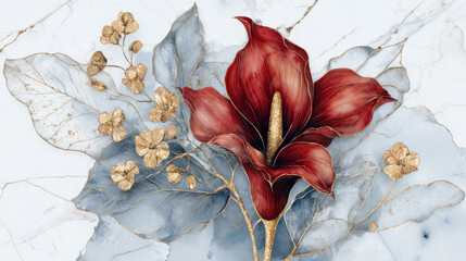 Elegant decorative burgundy calla flower with gold accents and marble background in 3D oil painting style for modern wall art and interior design	