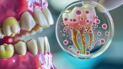 Illustration of Tooth Decay with Bacteria Growth in Petri Dish Representing Oral Health and Dental Disease