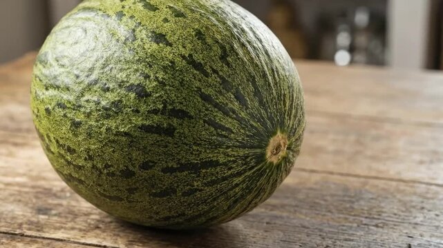 A vibrant, whole green melon with its distinctively patterned, textured skin rests gracefully on a rustic, weathered wooden table. The natural hues of light and dark green create an appealing visual t