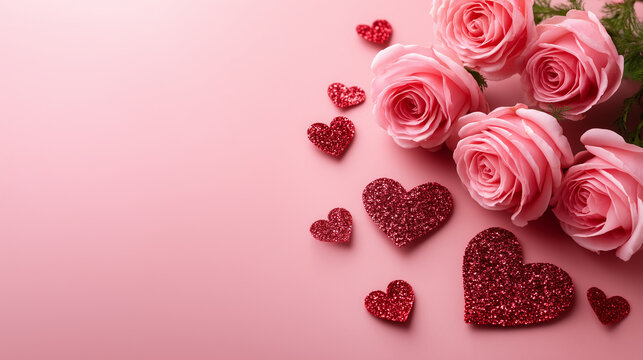 A romantic flat lay composition featuring soft pink roses arranged vertically along the right edge of the frame, paired with sparkling red glitter heart shapes gently scattered acr