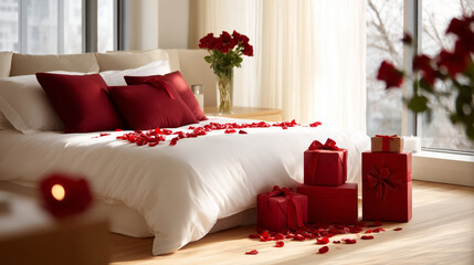Ultra high-resolution lifestyle interior photograph of a romantic bedroom prepared for Valentineâs Day celebration. A large modern bed with white linens and deep red accent pillows