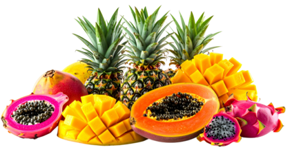 Tropical fruits including pineapple, mango, papaya, and dragon fruit, rich vibrant colours, clean composition, studio lighting, isolated on transparent background, exotic food