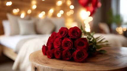 Obraz premium Ultra high-resolution romantic lifestyle interior photograph featuring a lush bouquet of fresh red roses placed on a natural wooden table in the foreground. The roses are tightly a