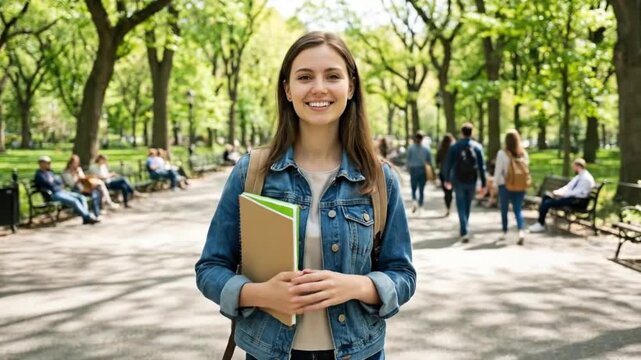 A vibrant young woman with a radiant smile stands confidently amidst a beautiful tree-lined park pathway on a bright, sunny day. Dressed casually in a denim jacket and carrying notebooks, she embodies