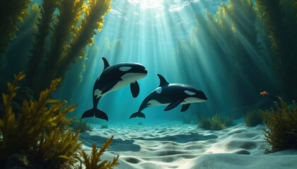 Two orcas swim through a sunlit kelp forest on the ocean floor. Marine mammals glide past sandy seabed and underwater plants. Sunlight rays pierce the clear blue water above.