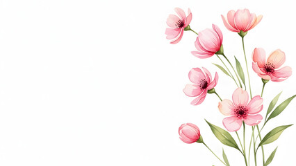 Obraz premium A serene watercolor illustration of pink flowers with green leaves on a white background from a close-up viewpoint