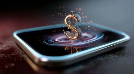 Digital Dollar Sign Emerging from Smartphone with Colorful Light Effects and Abstract Glow Background