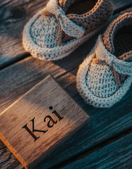 Fototapeta premium Baby name Kai engraved on a wooden plaque with knitted baby shoes. Image for baby name reveal