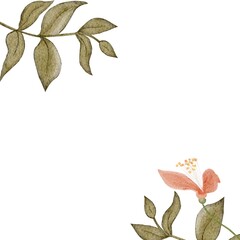 Floral frame horizontal border, peach blossoms, green leaves, watercolor hand-painted illustration isolated on white, botanical design ideal for wedding stationery, invitations, greeting cards