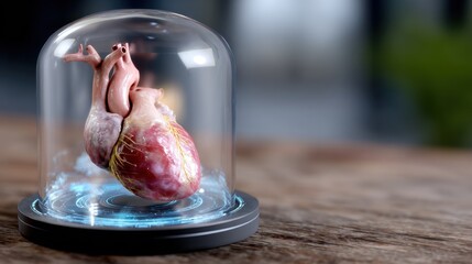 Realistic Human Heart Model Under Glass Dome for Scientific and Educational Purposes, Medical Illustration
