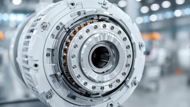 Electric motor rotor and stator assembly detail, precise engineering focus, white and light gray tones, uncluttered industrial setting, commercial editorial style, electric motor assembly