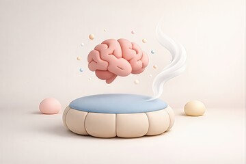 Creative visualization of a floating pink brain above a soft blue cushion surrounded by pastel orbs representing thoughts and ideas in a minimalistic setting depicting cognitive processes