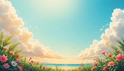 Summer time vertical background with glowing sky, vector poster design and generous copy space for text