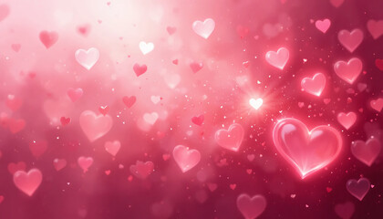 Romantic pink bokeh hearts floating on a soft gradient background with love symbols and warm