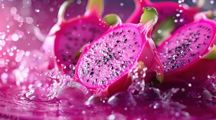 Fototapeta premium Vibrant Dragon Fruit Slices with Water Splash Against Colorful Background