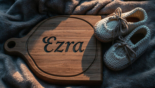 Baby name Ezra engraved on a wooden plaque with knitted baby shoes. Image for baby name reveal