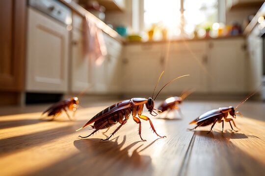 Close-up of cockroaches crawling on a modern kitchen floor, highlighting household pest infestation, hygiene issues, and the importance of pest control, prevention, and professional cleaning services.
