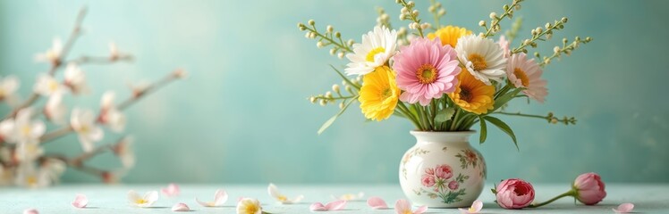 Obraz premium Colorful bouquet of daisies and gerberas sits in a ceramic vase with floral patterns. Blooming branches and fallen petals suggest springtime indoors. A pale blue backdrop complements the gentle mood.