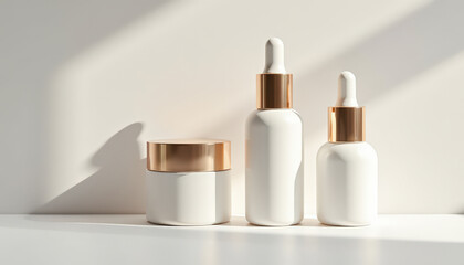 Vials and jars for skin care with golden metal caps on light background. Advertising luxury cosmetic products. Minimalism style. Copy space.
