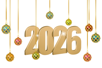 Golden 3D numbers 2026 with colorful Christmas ornaments and starbursts, isolated on transparent background, celebrating the new year.