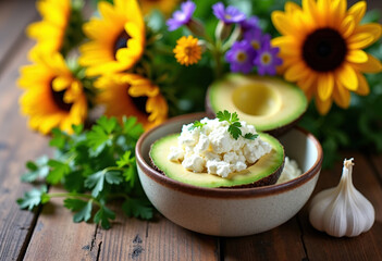 Still life with avocado. Whole and Sliced avocados, cottage cheese in a ceramic bowl on wooden table, garlic, fresh parsley, bouquet with sunflowers and wildflowers. Autumn mood. Copy space.