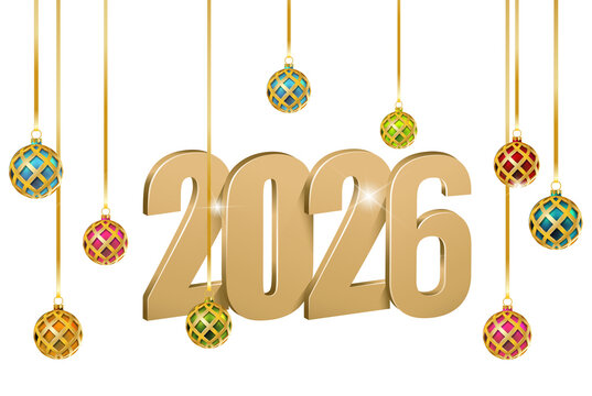 Golden 3D numbers 2026 with colorful Christmas ornaments and starbursts, isolated on transparent background, celebrating the new year. - Powered by Adobe