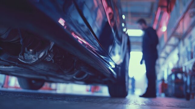Medium shot of a mechanic inspecting a cars undercarriage blurred surroundings enhancing the focus on aerodynamic modifications for better fuel economy. - Powered by Adobe