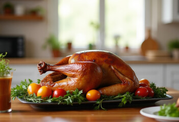 Roasted turkey on festive table on light blurred home background. National Roasting Month. Thanksgiving Festive celebration. Christmas dinner. Close-up.