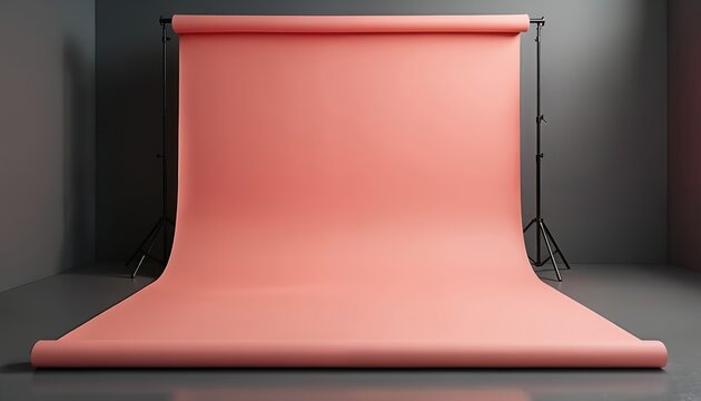 Empty studio corner with coral pink seamless paper backdrop. Smooth cyclorama curve creates clean infinite background for product photography or creative shoots. Minimalist setup.