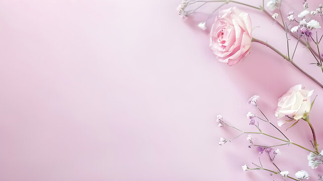 Pink ranunculus and baby's breath flowers flat lay on pastel pink background with copy space