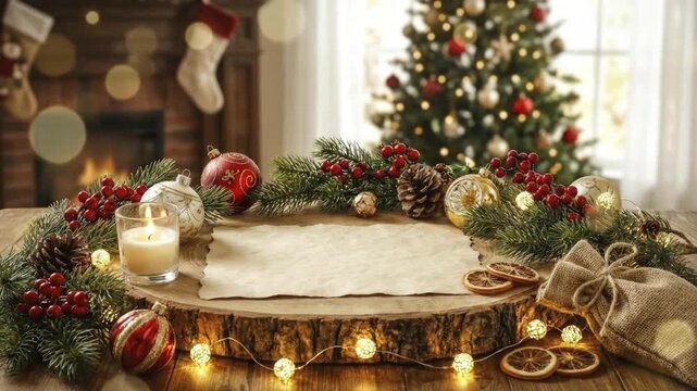 A warm and inviting festive scene features a rustic wooden surface adorned with traditional holiday decorations. Evergreen boughs, red berries, pinecones, and gleaming ornaments frame a blank vintage 