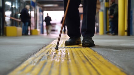 Medium shot of a cane tapping on raised tactile pathways at a busy bus depot highlighting accessibility features designed for blind travelers.
