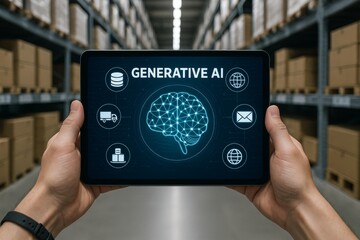 Digital tablet with generative AI interface held in warehouse, representing innovation in logistics and technology integration concept background. Ai generative