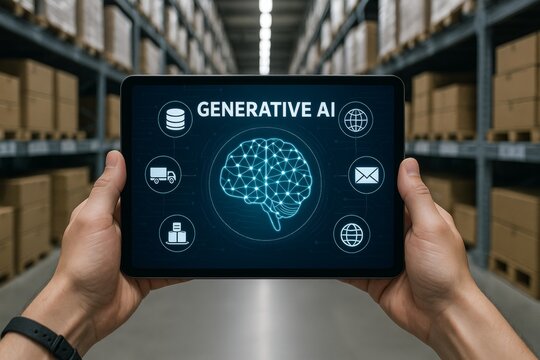 Digital tablet with generative AI interface held in warehouse, representing innovation in logistics and technology integration concept background. Ai generative - Powered by Adobe