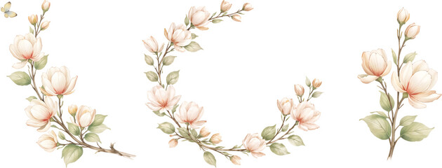 Elegant white magnolia watercolor flowers and branches for minimalist design.