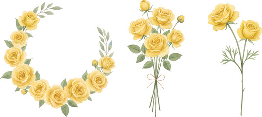 Bright yellow watercolor rose collection for cheerful summer greeting cards.