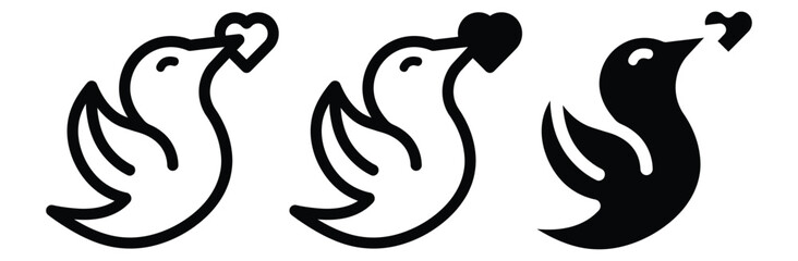 Fototapeta premium Three doves with hearts symbolizing love and peacefulness,Dove icon. Simple dove icon for social media, app, and web design,Pigeon with heart line icon. Dove sign. Symbol of love.