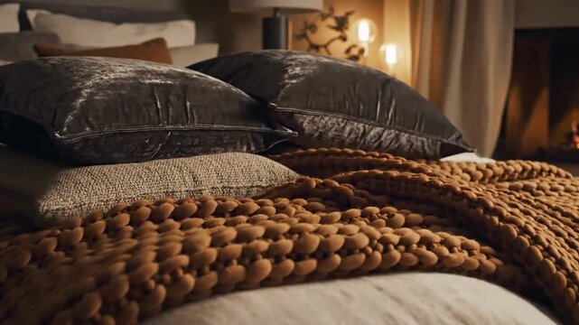 Cozy Bedroom Interior With Knitted Blanket And Fireplace For Winter Home Decoration