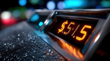 Close-up of Digital Currency Display with Dollar Symbol on Glossy Surface and Blurred Bokeh Background
