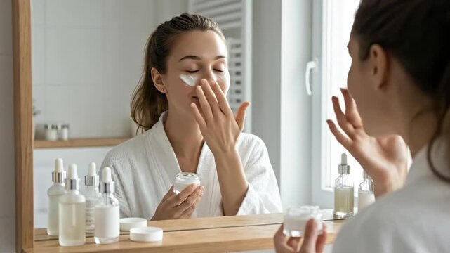 A young woman in a white robe applies face cream, looking in a bathroom mirror. Skincare products are on a shelf. This serene scene captures a beauty routine and self-care, suitable for health and cos